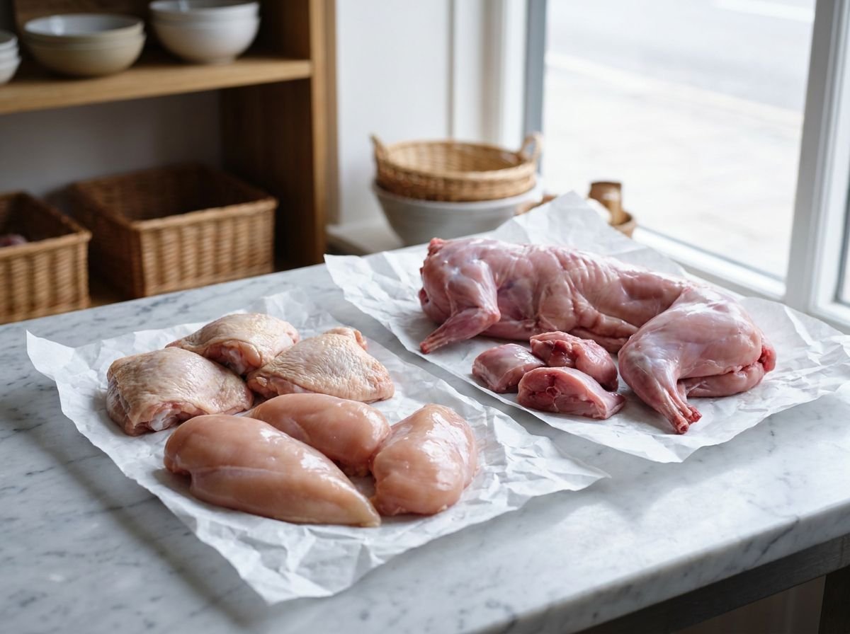 Selección de pollo y conejo frescos en el mostrador de Carns Sefiani
